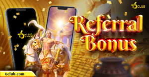 RB 6 Club referral bonus promotion featuring a victorious chariot rider with golden horses, shining sunlight, and a treasure-filled backdrop.